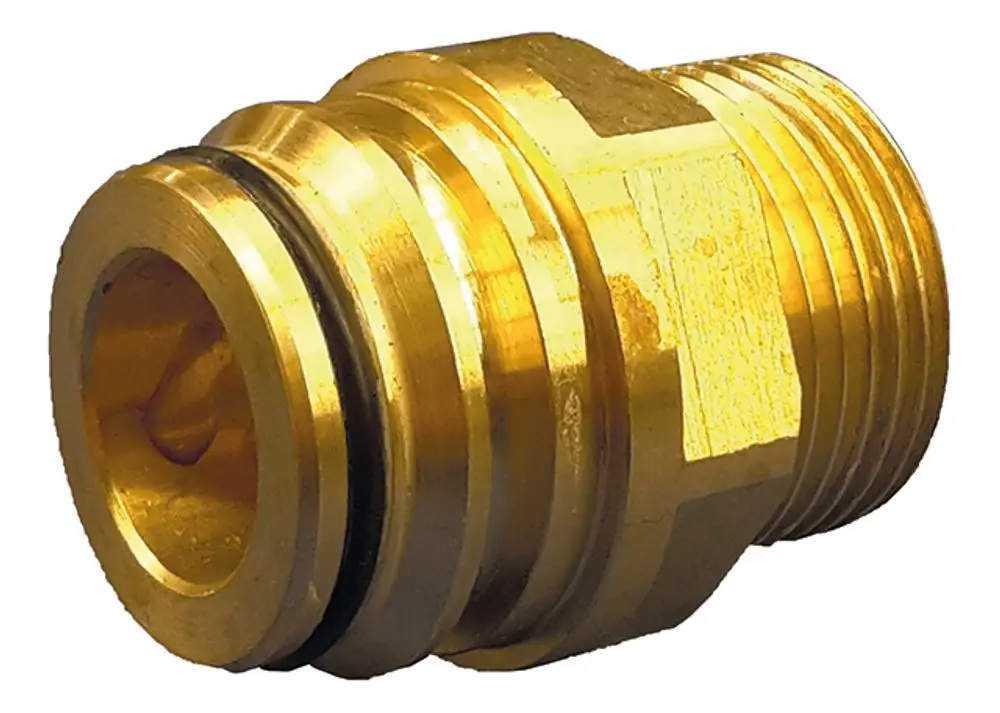Goldfarbener Adapteranschluss aus Messing mit Gewinde und Dichtung, geeignet für den Anschluss von Schläuchen. Produkt der Marke Syr.